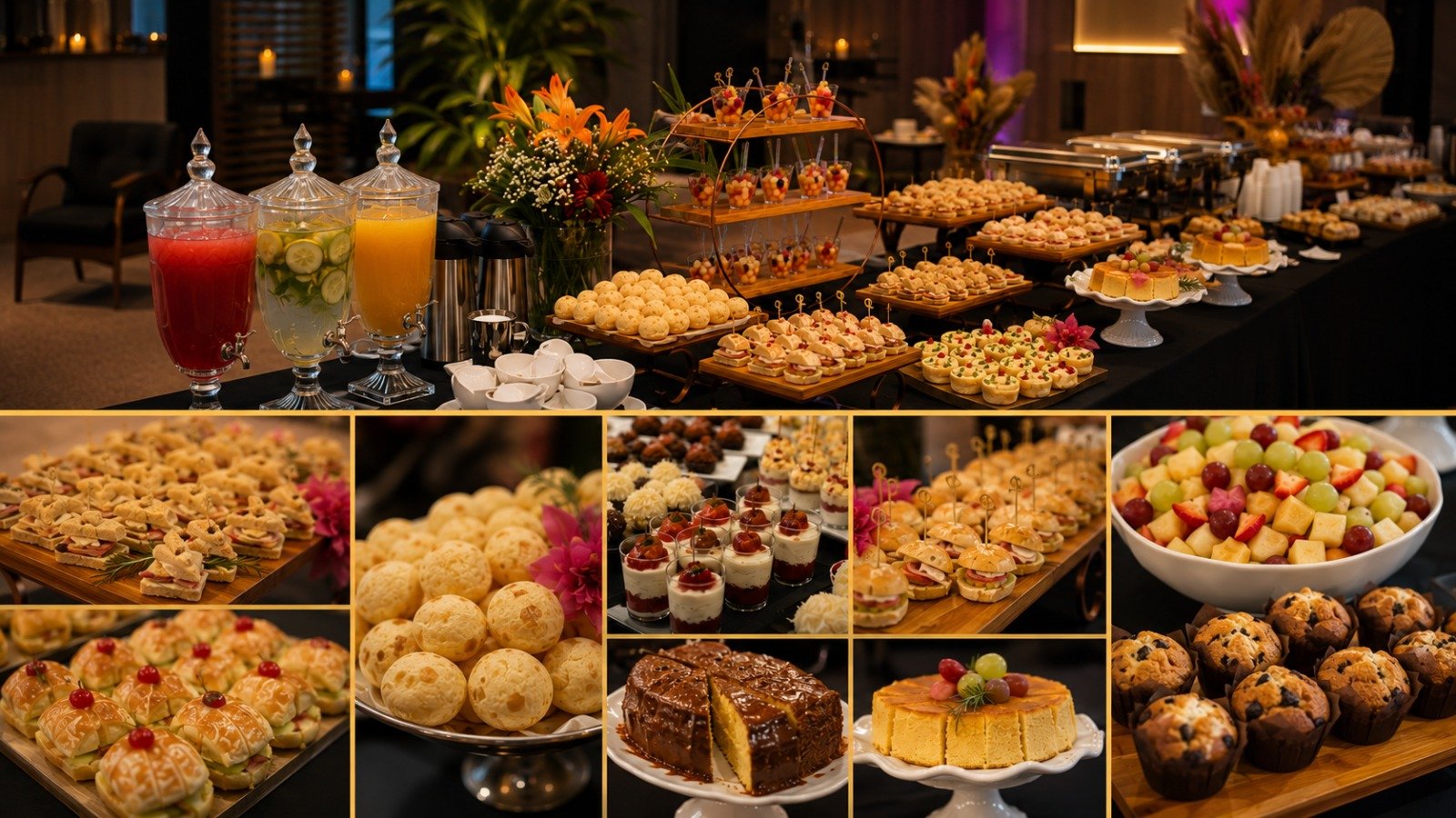 Buffet de coffee break com doces, salgados e frutas