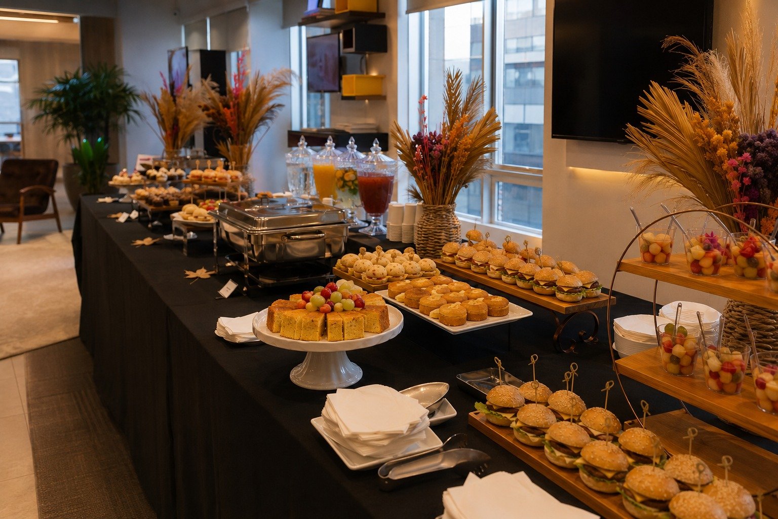 Mesa de coffee break e catering corporativo