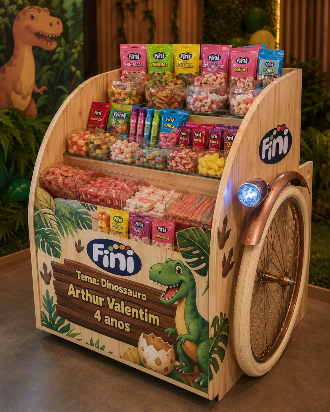 Carrinho de doces Fini com tema de dinossauro
