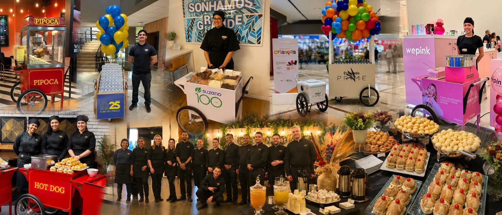 Carrinhos gourmet, buffet e equipe da Creative Gastronomia & Eventos em eventos de grandes marcas como CCBB, Suzano, Eldorado e WePink